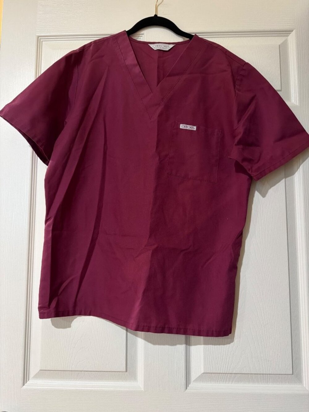 Cherokee Womens Burgundy V-Neck Short Sleeve Scrub Top With Pocket